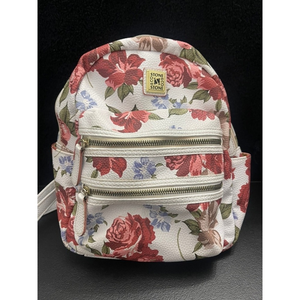 Stone & Co Floral Mini Backpack White Red Rose Pebbled Faux Leather‎ Organizer